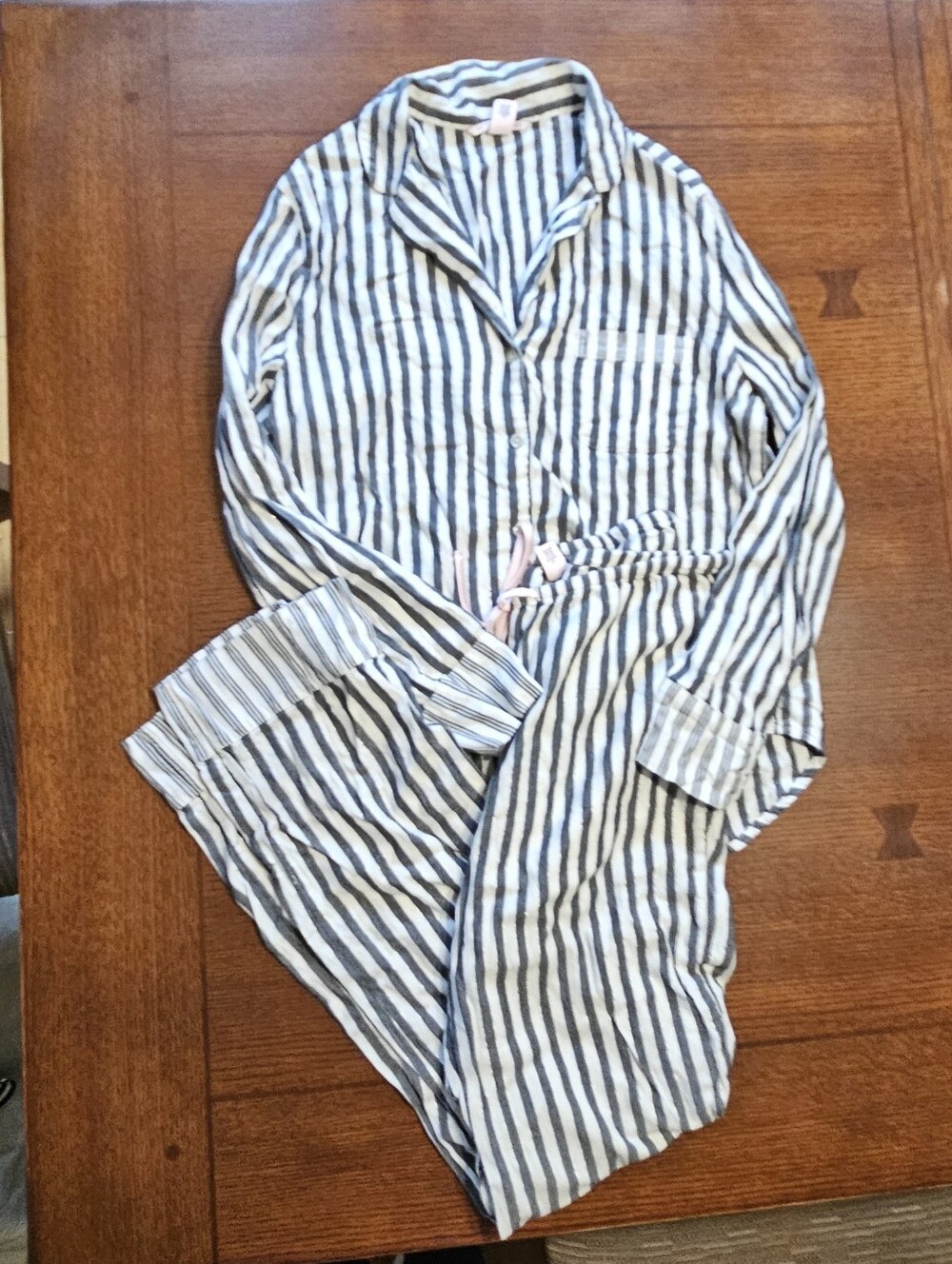 Victoria's Secret Gray Striped Flannel Pajama Set Small Long